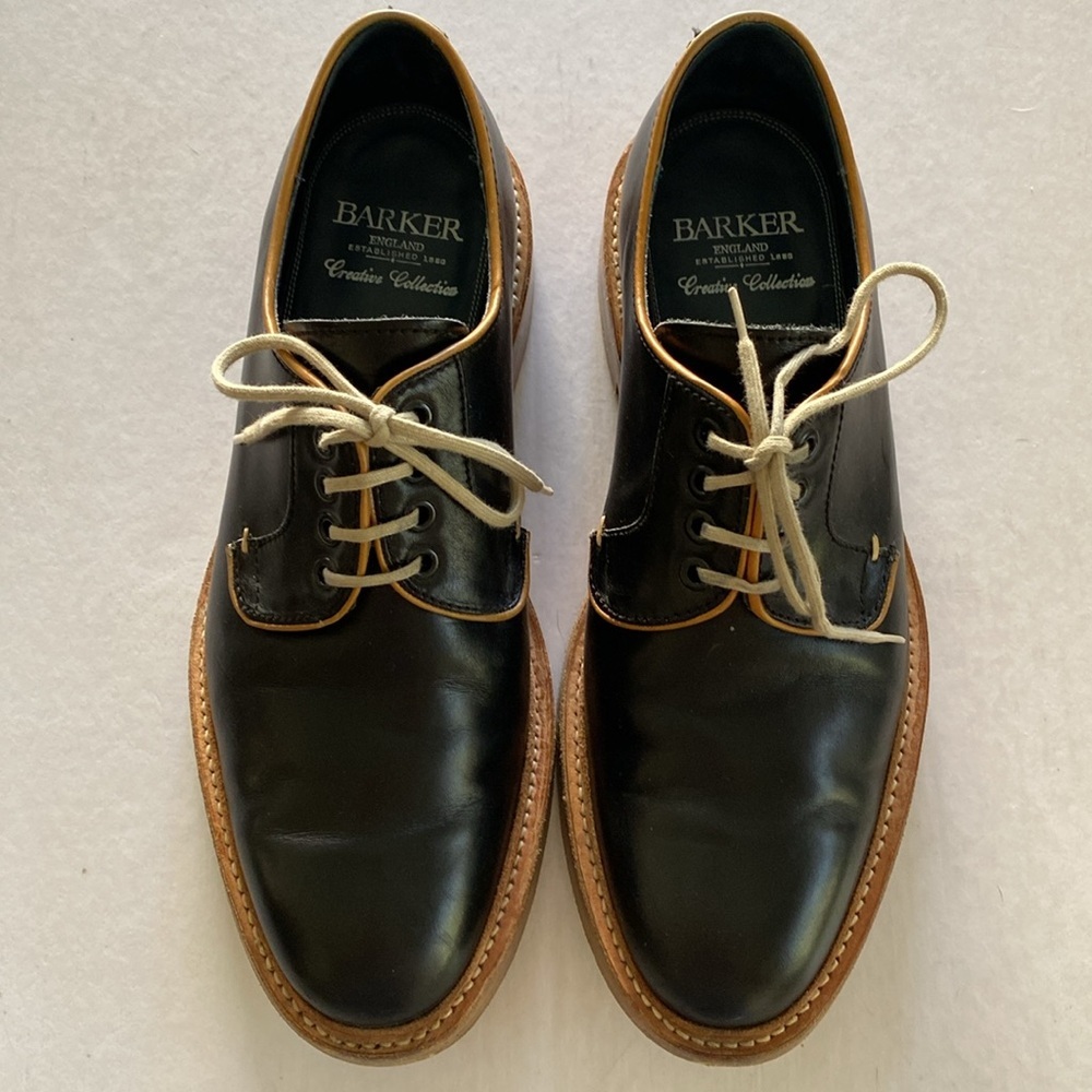 BARKER Men's Black Leather Derby Shoes with Tan Trim 9UK /10US. Made in England